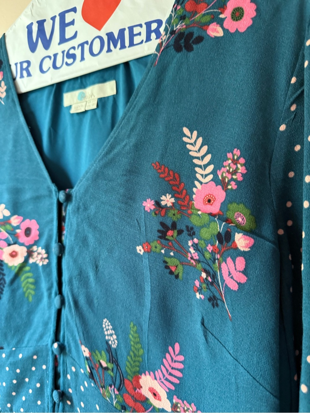 Boden Teal Floral Button-Front Long-Sleeve Mini Dress with Pink Accents - Picture 3 of 8